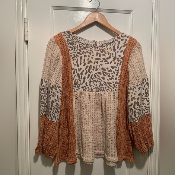 Ces Femme Pink and Gray Leopard Patchwork Boho Peasant Blouse - Picture 2 of 13